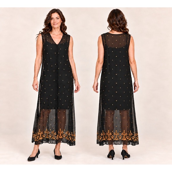 Laundry By Shelli Segal Dresses & Skirts - Vintage 90s Laundry by Shelli Segal Sheer Rayon Gold Embroidered Duster Dress L